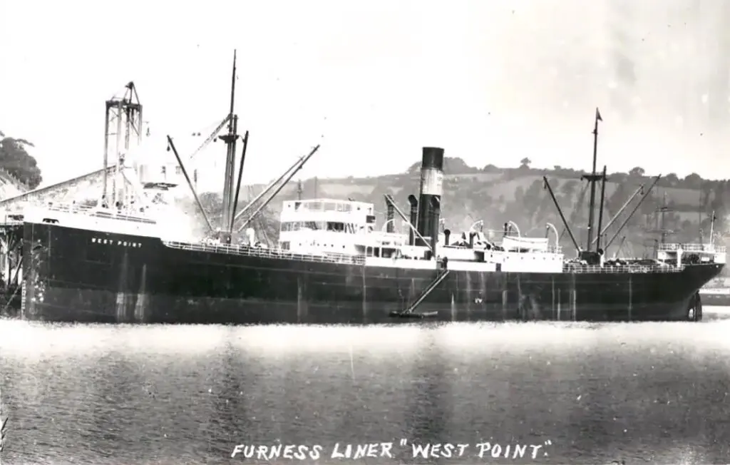 A large ship in the water near some mountains.