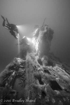 A scuba diver is in the water near some rocks.