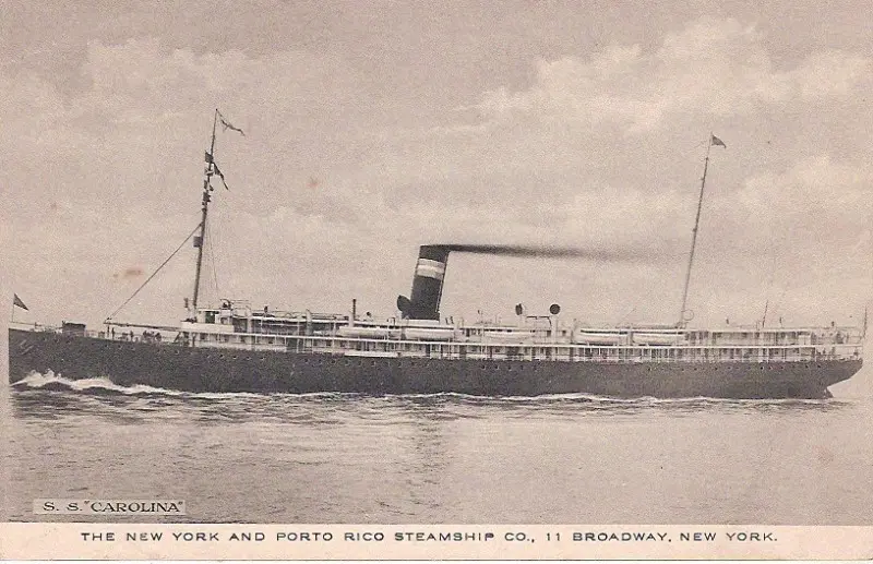 A large ship on the water near land.