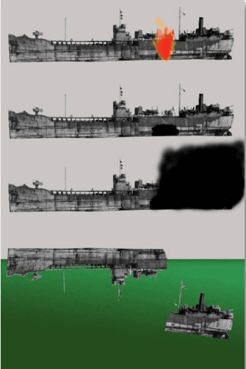 A ship is shown in three different stages of being painted.