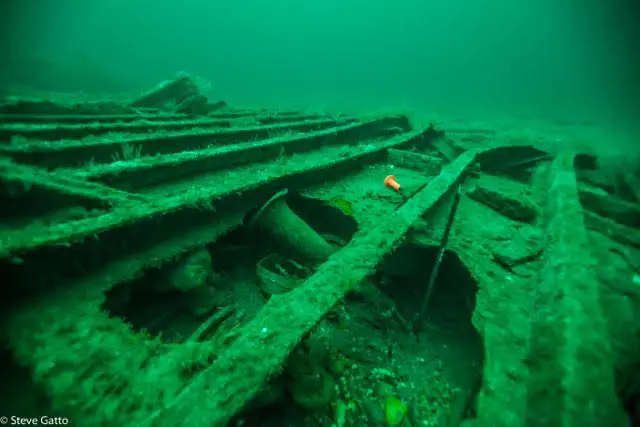 A green underwater picture of an old ship.