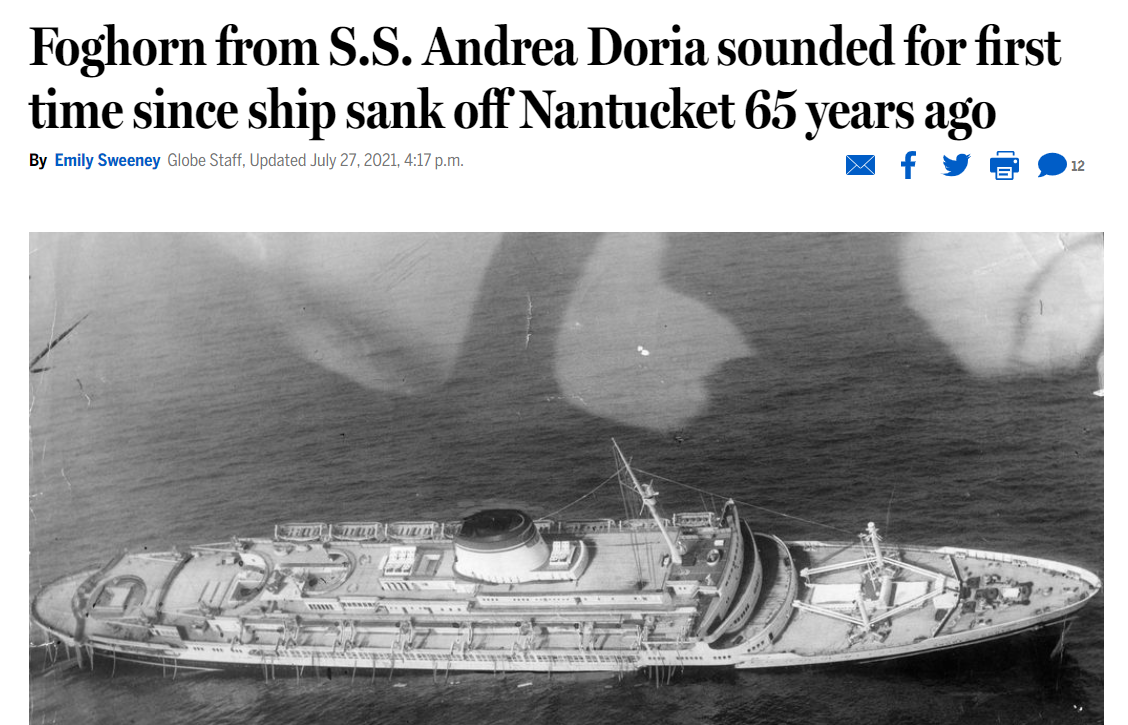 A newspaper article about the ss andrea doria.