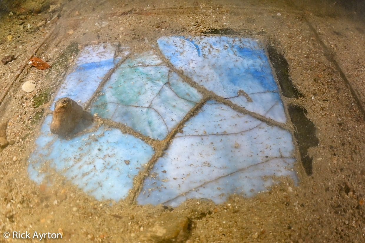 The blue panel as photographed by Rick Ayrton on the team’s last dive to <i>Lusitania. </i>
