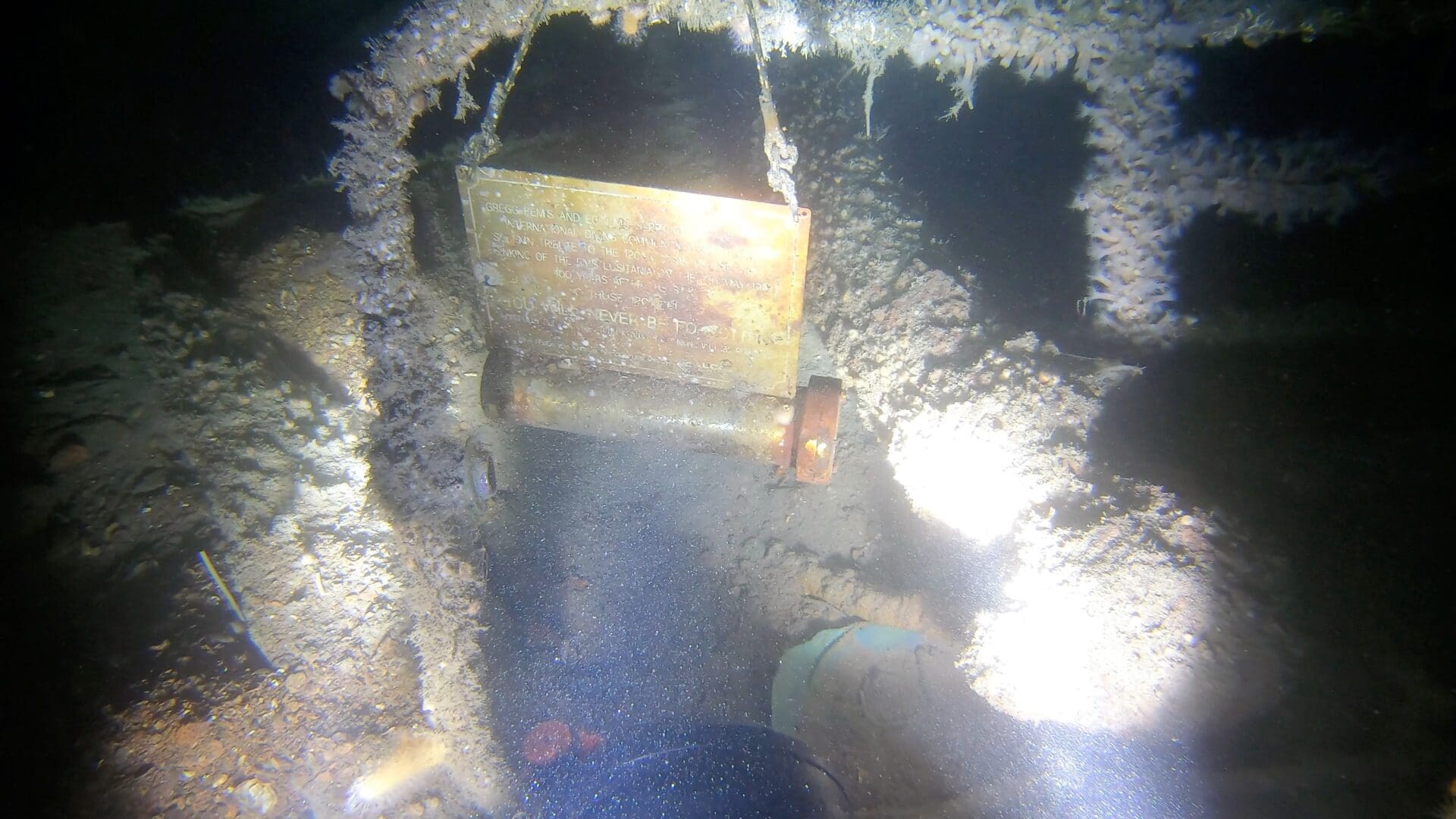 Scroll placed on <i>Lusitania</i> by Eoin McGarry on the 100th anniversary of her sinking. Photo © Joe Mazraani 2021.